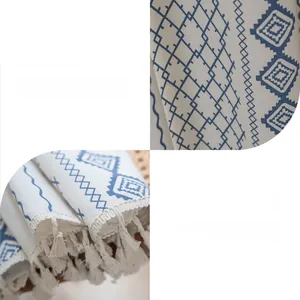 Close-up of geometric blue patterns and decorative handmade fringes on fabric