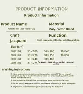 Size chart for jacquard table runner showing dimensions and wash care instructions