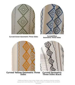 Detailed view of geometric wave patterns on cotton curtains in yellow, green, blue and black
