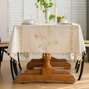 Pastoral Floral Embroidered Tablecloth with Tassels Polyester Rectangular Dustproof Cover for Dining Room Kitchen Decor