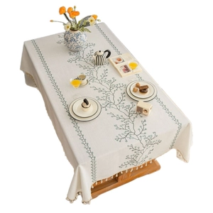Linen rectangle tablecloth with green vine pattern and tassel edge for tea tables