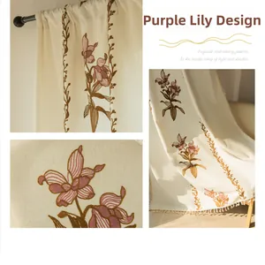 Detailed close-up of purple lily floral embroidery on beige curtain with tassels