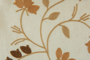 Macro view of floral vine embroidery on beige linen texture semi-sheer curtain fabric