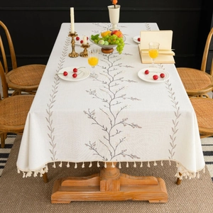 Floral Embroidered Polyester Tablecloth With Tassels Rectangular Ins Style Table Cover For Dining Room Home Decoration