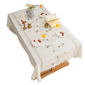 Rectangle cream floral embroidery tablecloth with tassel edges in vintage pastoral style