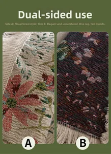Detail of floral jacquard sofa cover showing double-sided texture and white fringe