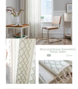 Detail of Nordic green geometric printed curtain with tassel fringe on cotton linen fabric