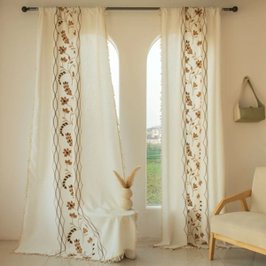 Cream floral embroidered curtains with tassels for farmhouse semi-blackout window decor