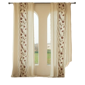 Floral embroidery semi-sheer beige curtains with elegant red flower vines for living room
