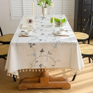 Nordic Embroidered Tablecloth Floral Botanical Pattern Tassel Edge Rectangle Polyester Table Cover For Dining Table
