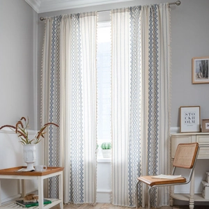 Boho blue geometric curtains with tassels, minimalist bay window balcony decor