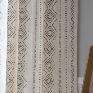 French retro semi-sheer linen curtain with black geometric tribal patterns for home decor