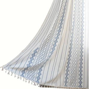 Bohemian blue geometric pattern window curtain with white tassels for balcony decor