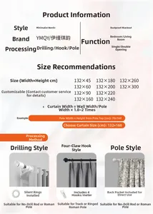 Size guide and processing details for black geometric print curtains with hanging options