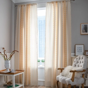 Bohemian beige linen curtains with yellow geometric print and elegant tassels for windows