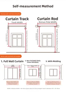 Detailed measurement guide for curtain width and height with clear line drawing diagrams