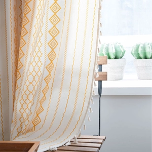 Bohemian beige cotton linen curtain with orange geometric print and tassel fringe