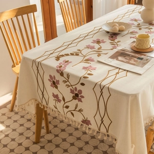 French Vintage Embroidered Tablecloth With Tassels Polyester Floral Pattern Dustproof Table Cover For Dining Room Home Decor