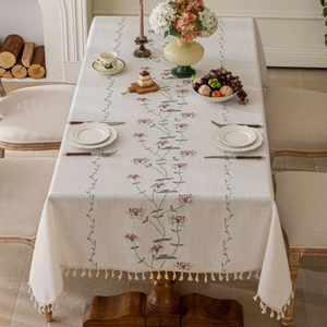 French Style Embroidered Flower Tablecloth With Tassels Rectangular Polyester Fabric Table Cover For Kitchen Dining Room Home Decor