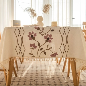 Floral embroidered rectangle tablecloth with fringe tassels in beige linen style