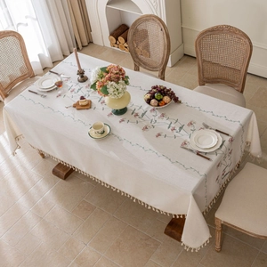 French style cream floral embroidered tablecloth with elegant tassels for rectangular table