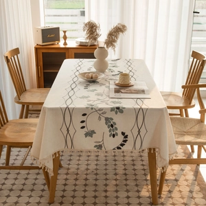Linen rectangle tablecloth with floral embroidery and tassel fringe for dining table