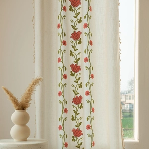 European style beige bay window curtain with floral embroidery and tassel fringe