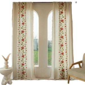 Classic beige bay window curtain with floral embroidery and bohemian tassel trim