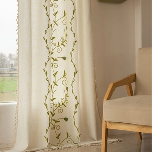 Elegant Embroidery Vine Rose Curtain With Tassel Trim Semi Shading Polyester Beige Floral Drapes For Living Room Kitchen