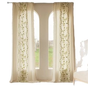 Beige cotton linen curtain with green floral embroidery and decorative tassels