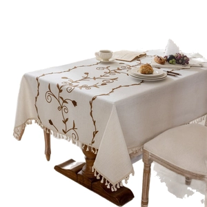 American pastoral style linen tablecloth with vintage floral embroidery and tassels