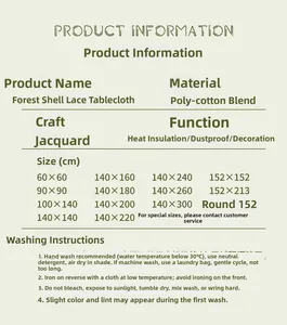 Detailed size chart and care instructions for green jacquard lace fabric tablecloth