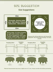 Size guide for French vintage green tablecloth showing sag effect for round and rectangular tables