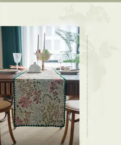 Detail of American retro floral table runner with embroidered lace on wooden table