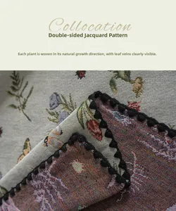 Macro detail of French retro jacquard tablecloth with density weave and lace edge