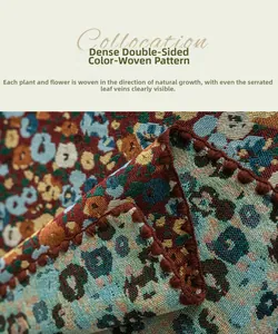 Detail of high-density jacquard tablecloth with vintage floral weave and scallop edges