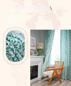 Detail of green and beige jacquard leaf pattern fabric for retro kitchen curtains