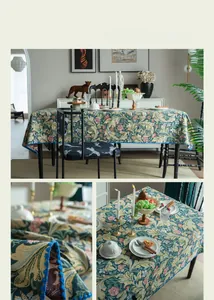 Macro detail of French vintage tablecloth with jacquard carnations and blue shell edge