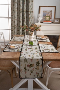 Detail of floral jacquard table runner and matching placemats with black wavy lace trim