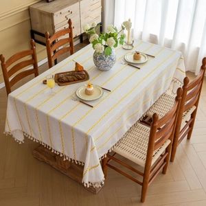 French cream style tablecloth with yellow embroidery and beige tassels for coffee tables