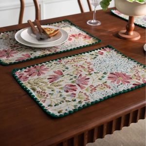 Floral cotton linen table mats set of 2 with green wavy edge embroidery for dining decor