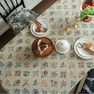 French vintage floral jacquard tablecloth with colorful botanical patterns on cream fabric