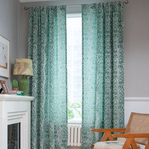 Retro green damask curtains with floral pattern for living room in farmhouse style