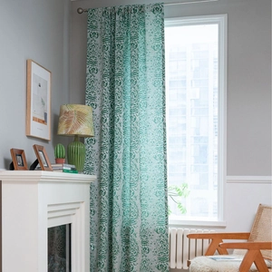 Retro green jacquard pattern curtain in ivory cotton linen with rod pocket design