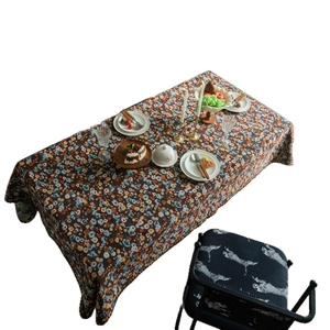 French vintage floral tablecloth with blue and orange embroidery on brown jacquard fabric