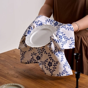 French pastoral style linen napkin with blue floral print for rustic table setting