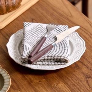 Modern grey wheat pattern cotton linen napkin set with ceramic plate and wooden cutlery