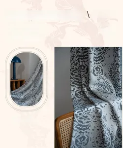 Detail of grey jacquard polyester curtain with drop patterns in a vintage interior setting