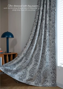 Detail of grey jacquard curtain showing three-dimensional relief water drop patterns