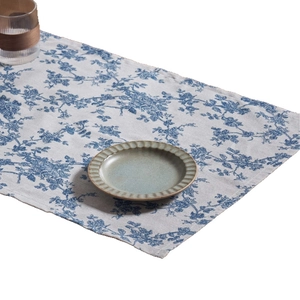 Blue floral print table runner in cotton linen for vintage dining room table decor
